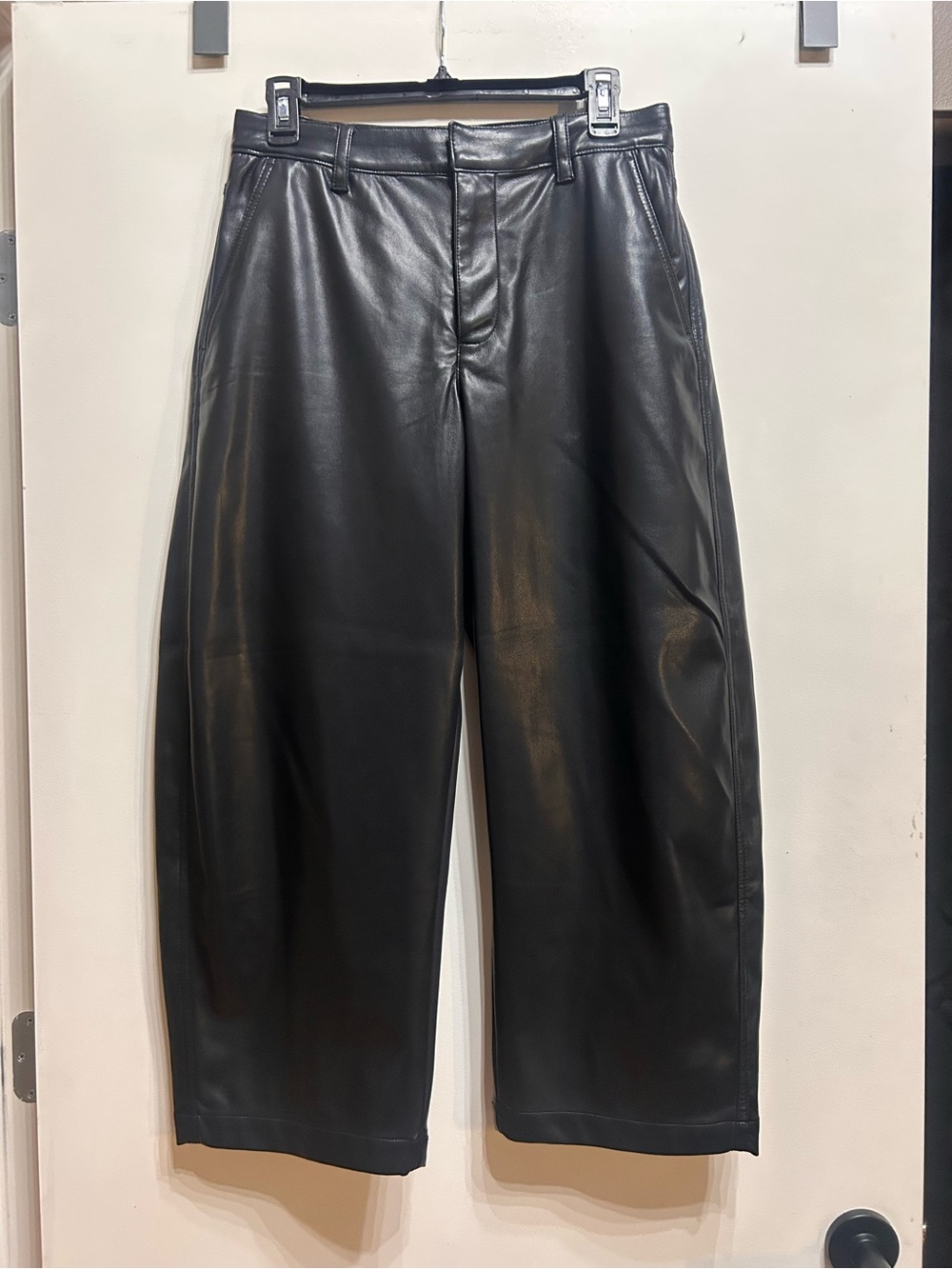 Women’s Black vegan leather barrel leg pants